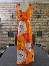 Vtg 70s Malihini Hawaii Orange Floral Crossover Maxi Dress Womans Sz S/M Beachy