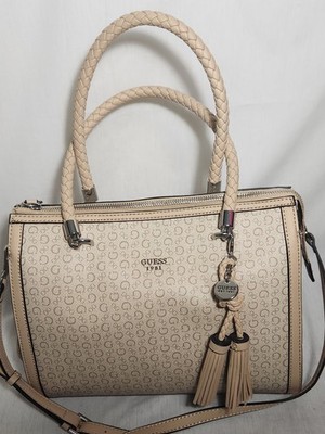 GUESS Beige Logo Satchel Bag Tassel Charm Adjustable Strap Zip Closure