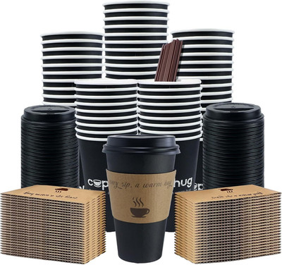16 Oz Disposable Coffee Cups with Lids, Sleeves and Straws 100 Pack, Thickened L