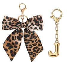 Bow Bag Charms Keychain - Cute Initial J Leopard Print Keyring