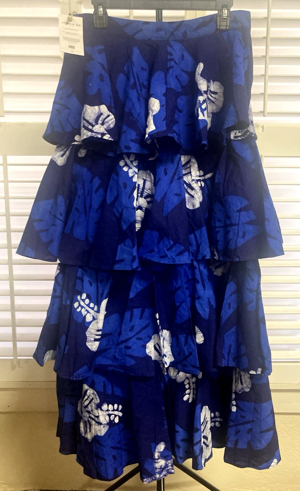 Studio 189 Tiered Ruffle Skirt Long Blue Hibiscus Batik Women's XL NWT $725