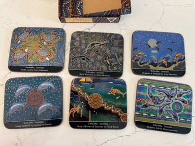 Tobwabba Art Coasters Set Of 6. Beautiful Australian Tribal Art Open Box