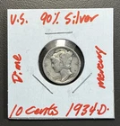 1934 D - 10C Mercury Dime / 90% Silver Coin.