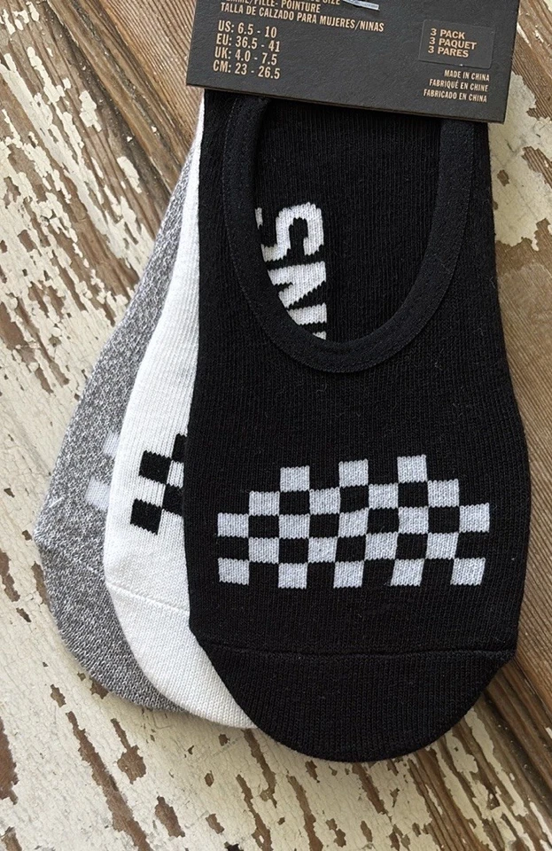 Vans Socks Women 6.5-10 Liner Checkered 3 Pack - No Show Black Grey White - Image 3 of 4