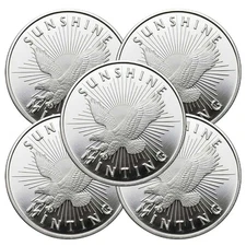 Lot of 5 - 1 Troy oz Sunshine Minting .999 Fine Silver Round Mint Mark SI