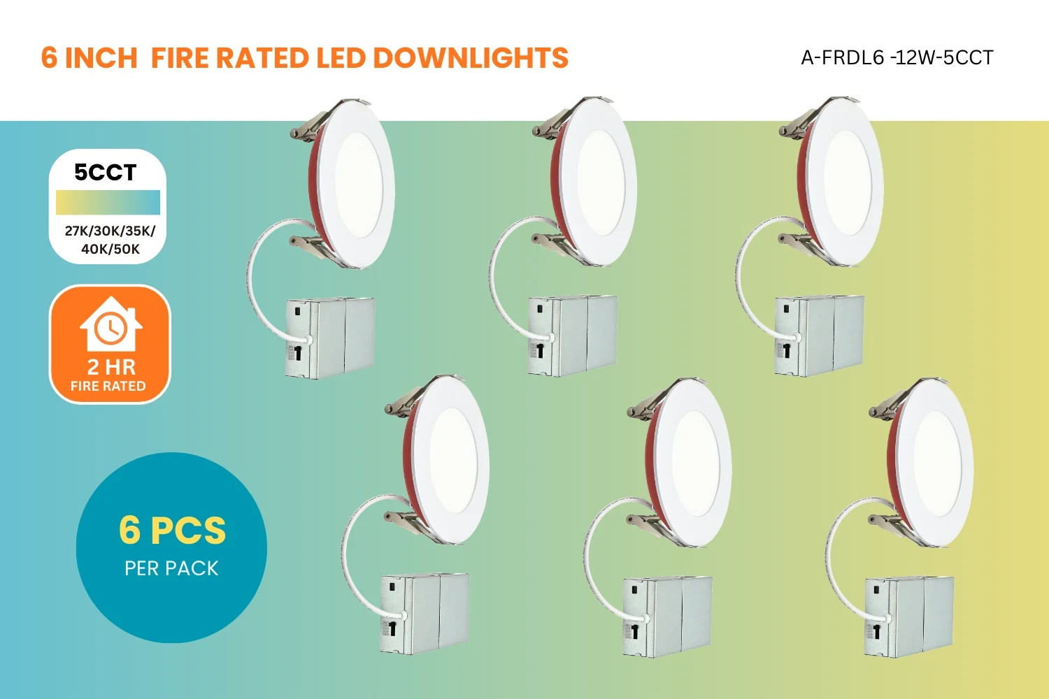Fired Rated LED Downlight 6Inch Dia 12Watt 5CCT selectable Canless