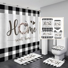 Sweet Home Shower Curtain Black and White, Rustic Plaid Bathroom D cor Set with