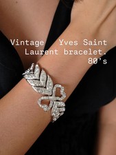 Yves Saint Laurent Vintage Bracelet YSL Leaf Ribbon Bow Charm Silver tone