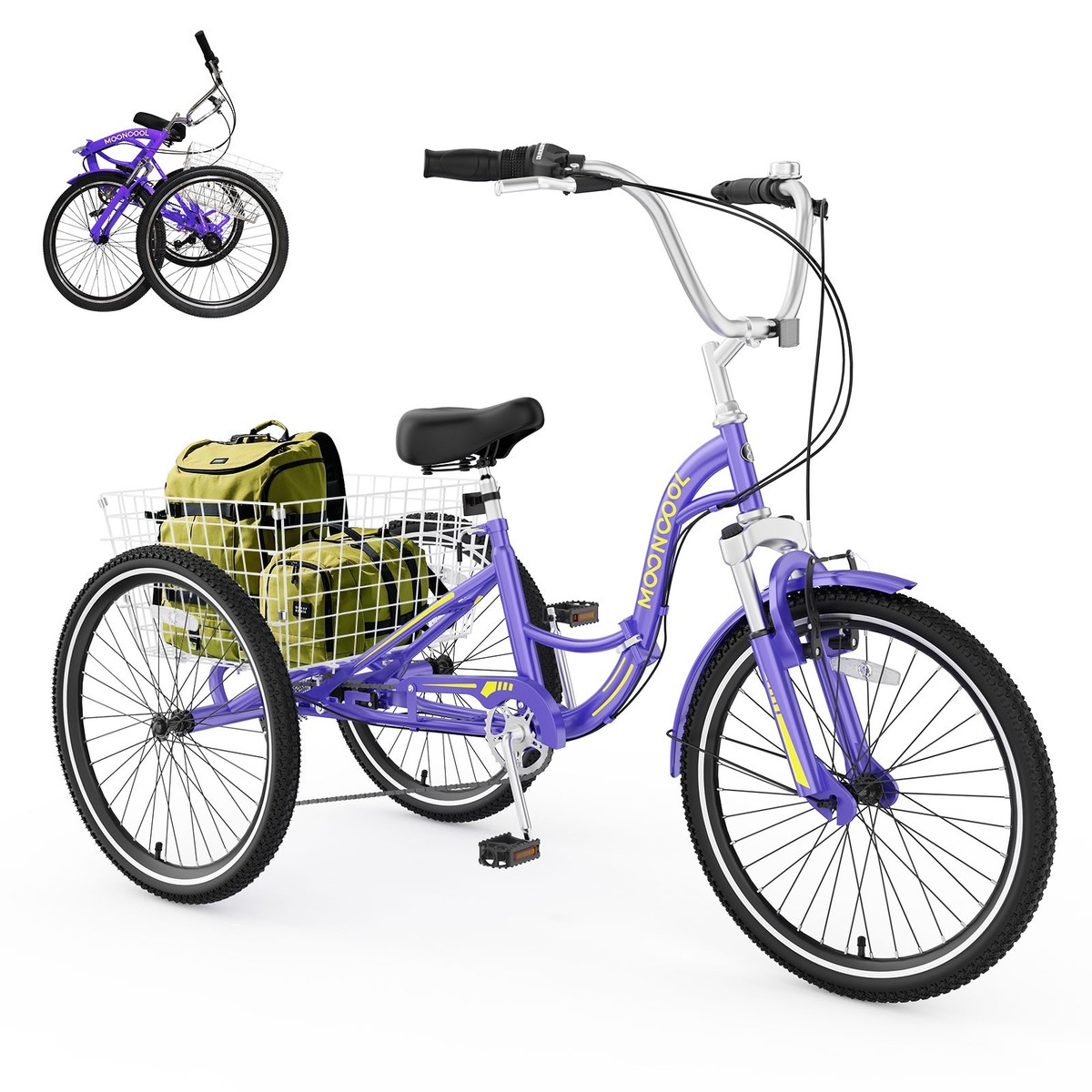 3 wheel bicycles for seniors MOONCOOL Folding Adults Tricycles 26 in Foldable Trike 7 Speed 2-Wall Wheel  Rims