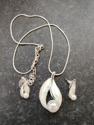 Silber Perlen Blatt Schmuck Set Halskette und Ohrringe