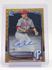 CADE OBERMUELLER 2025 BOWMAN CHROME GOLD WAVE REFRACTOR /50 1ST AUTO Q3701