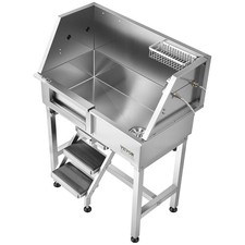34" Pet Grooming Sink, Stainless, Non-Slip Stairs, Easy-Drain Design