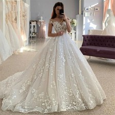 Sleeveless Princess Aline Wedding Dress O-Neck Lace Flowers Sweep Train Bride
