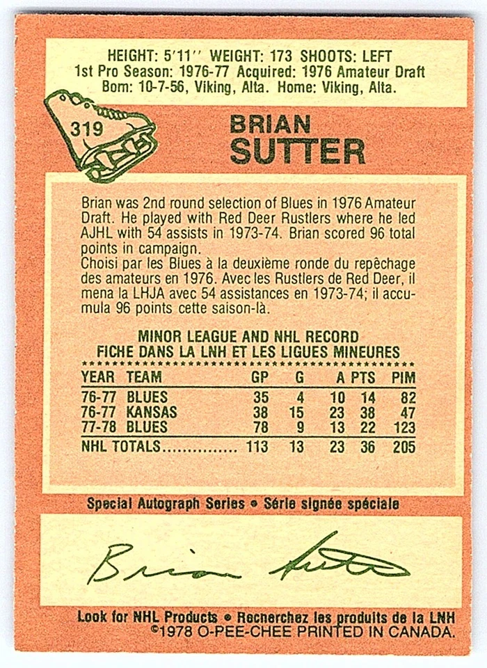 1978-79 O-Pee-Chee ! Brian Sutter Rookie St. Louis Blues #319 - Image 2 of 2
