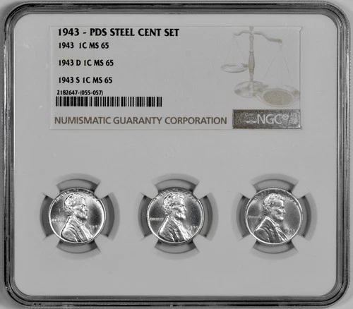 1943 P D S 1c Lincoln Steel Wheat Cent Set NGC Graded MS 65 Three Coin Holder