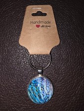 NEW Handmade Blue Shell Pattern Metal Keychain 1.5 in