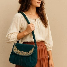 La Gioe di Toscana Leather Suede Handbag Embroidered with Wallet Limited Edition