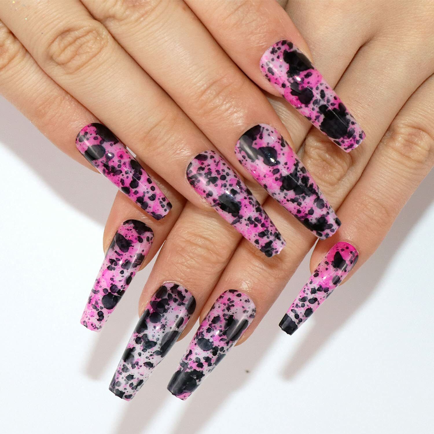 24Pcs Full Cover False Nails Long Press on Nails Coffin with Marbling  Coffin Tip | eBay