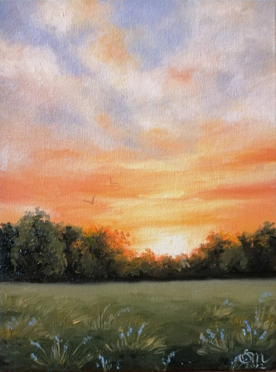 Landscape original oil painting 9x7 in (24x18 cm) Realistic sunset