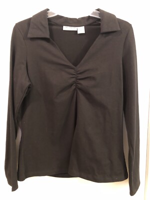 ONE STEP UP Black Top V Neck Collared Pullover Ruched Stretch Women's Plus 1X