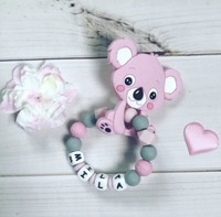 BeißRing Greifring Greifling Mit Namen MäDchen Silikon Koala Grau Rosa Grau