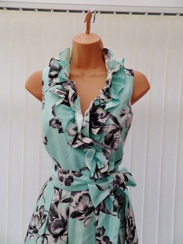 JESSICA HOWARD MINT GREEN MONO FLORAL SATEEN 50'S FLARE MIDI FRILL DRESS 10 ONCE - Picture 5 of 17