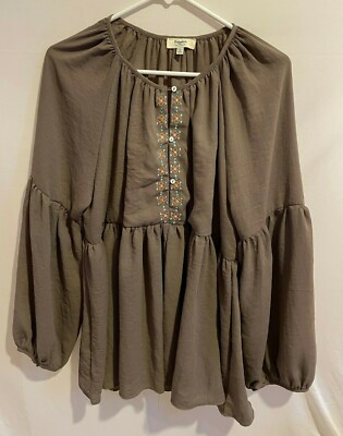 Hayden Los Angeles Tunic Top Taupe Size Large Puffy Ragland Sleeve Qtr Button