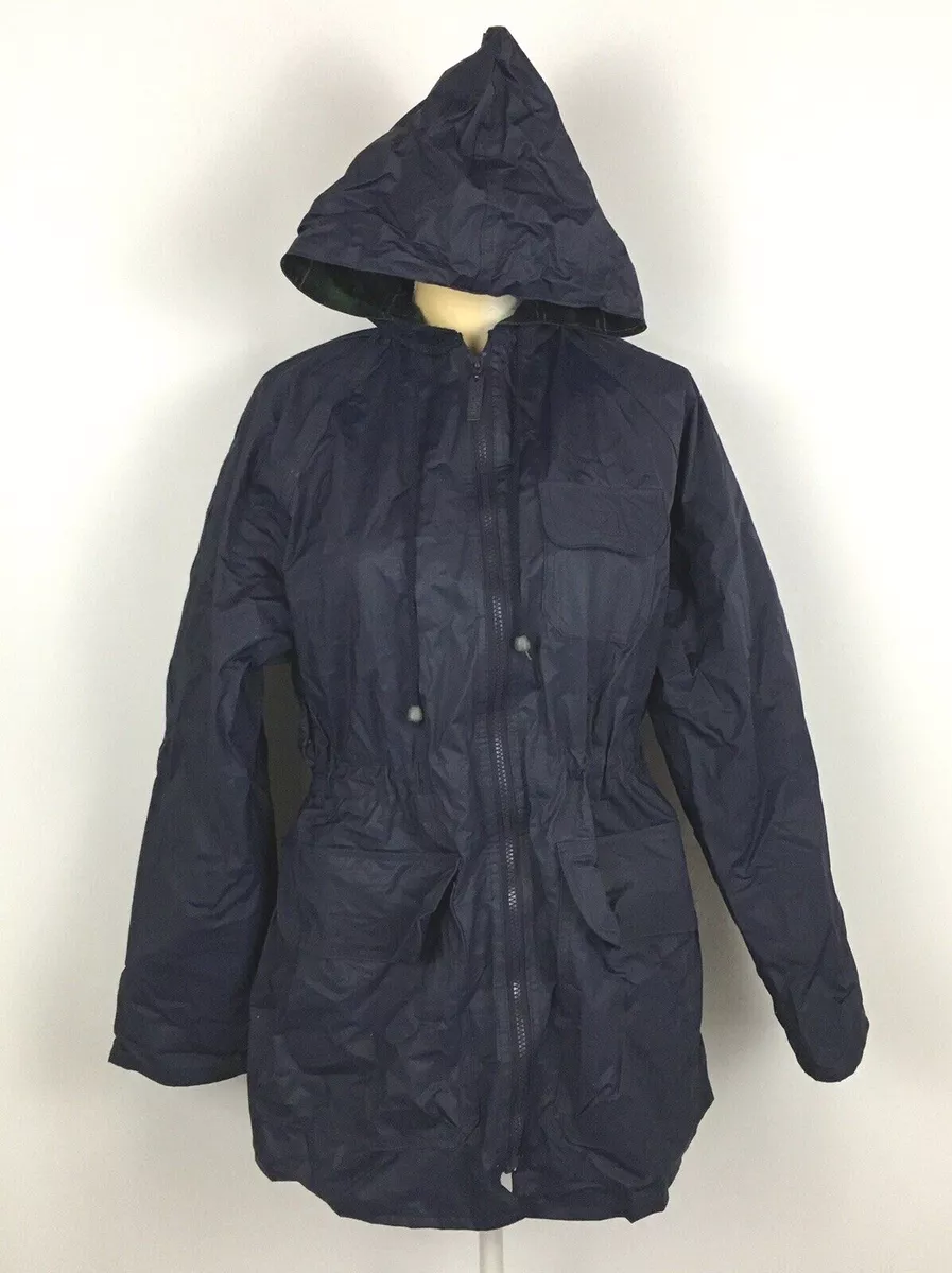Totes Women s Hooded Raincoat Navy Blue Zip Plaid Lining Pockets