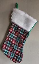 Green Flannel Christmas Stocking • White Fluffy Top • Dolgen Corp.