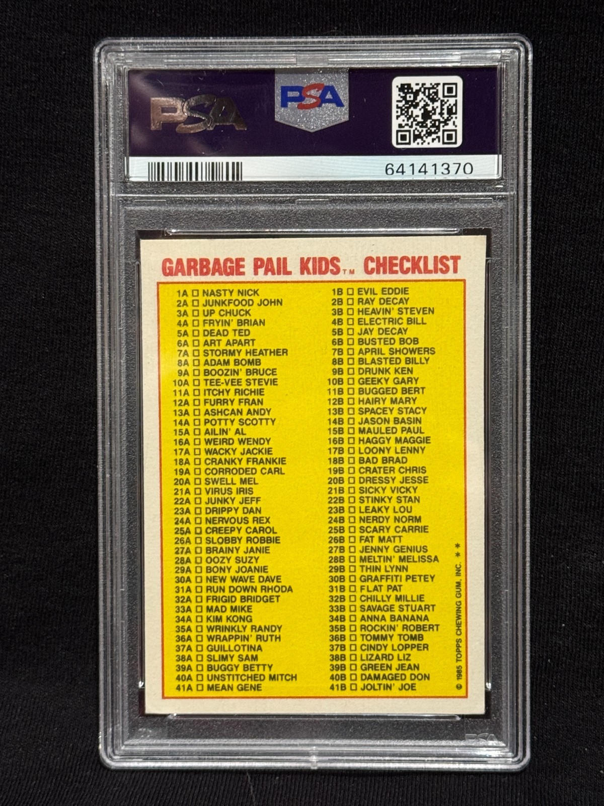 BONY JOANIE 1985 TOPPS GARBAGE PAIL KIDS GPK STICKER CHECKLIST #29A VG-EX PSA 4 view 2
