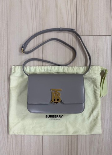 BURBERRY Gray Leather TB Shoulder Bag Logo Plaque Authentic Women's Crossbody