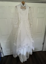 vintage white beaded sheer lace floral long sleeve wedding dress  Petticoat 70s