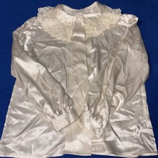 Vintage 80s Ivory Satin Blouse Women Lace Collar Long Sleeve Romantic Cosplay M