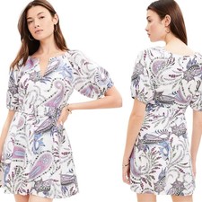 Ann Taylor LOFT Linen Blend Dress 12 Pasley Floral Puff Sleeve White Pink Purple