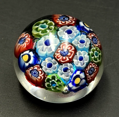 Vintage Murano Millefiori Mini Art Glass Paperweight In Green Red Yellow Blue