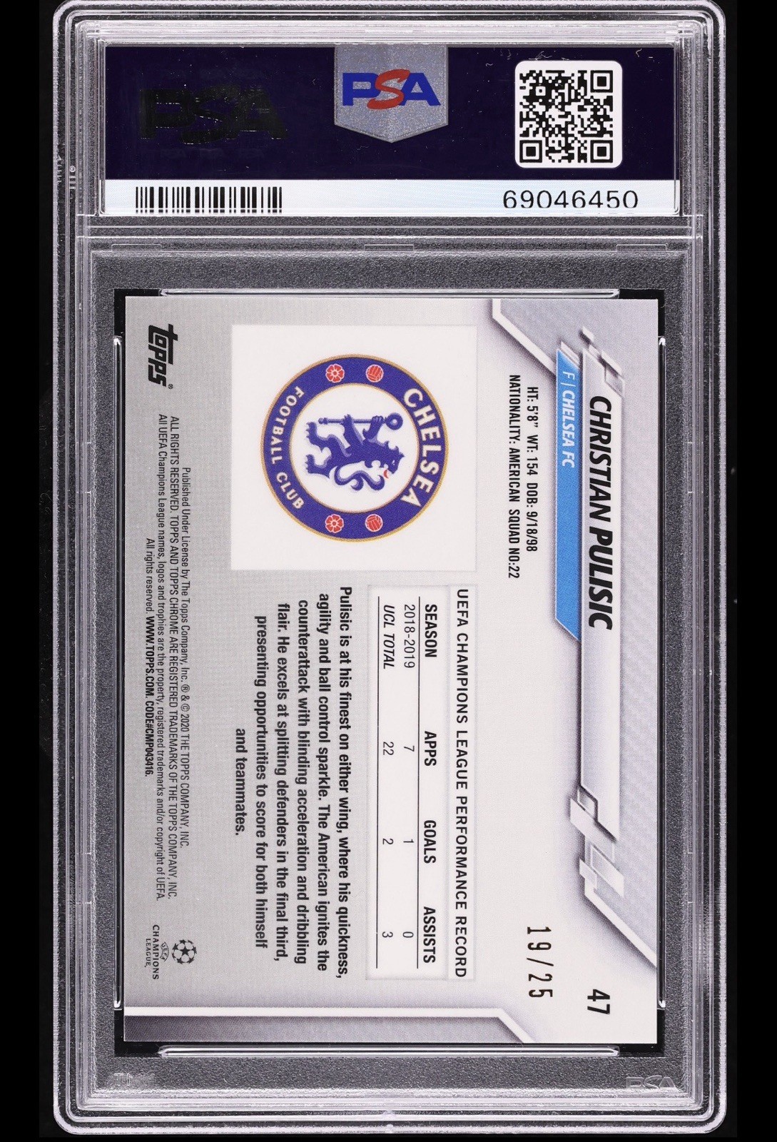 2019 Topps Chrome UCL Sapphire Christian Pulisic #47 Purple /25 Soccer PSA 9 view 2