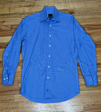 David Donahue Shirt Mens 15 32/33 Blue Micro Check Birdseye Long Sleeve Trim