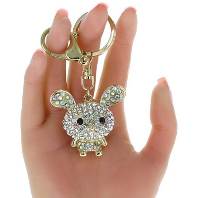 3D Gold Finish Big Head Mouse Clear & AB Rhinestone Keychain Bag Charm