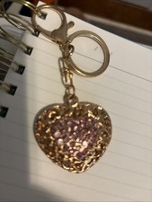 Gold-Tone Metal Keychain Decorative Hollow-Work Heart Pendant Pink Rhinestone