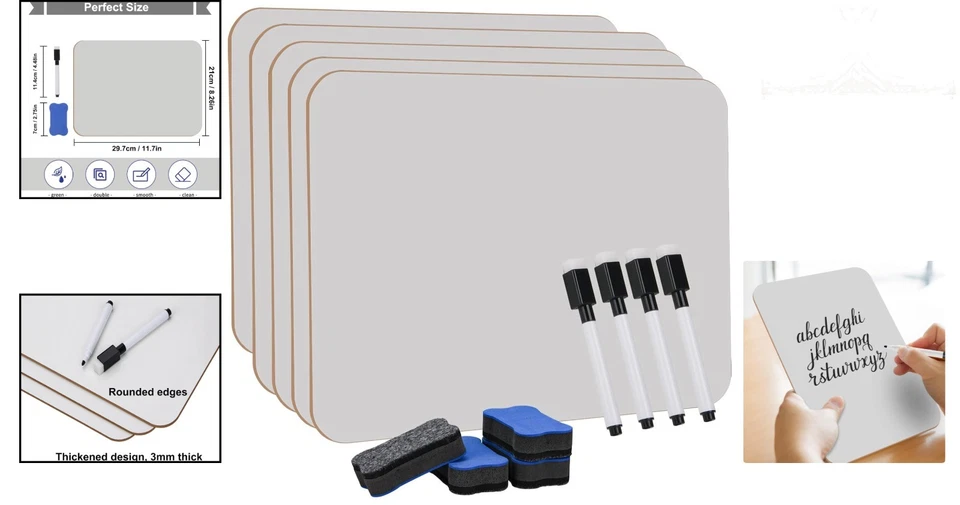 Mini Whiteboard A4 Set 4 Stück Abwischbare Tafeln mit Stiften Radiergummis - Bild 2 von 4