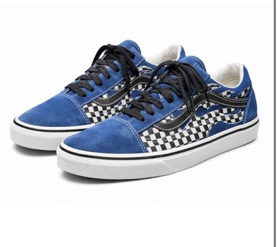 VANS Off The Wall Blue Black Checkered Flame Unisex Kids Sneakers US 6.5