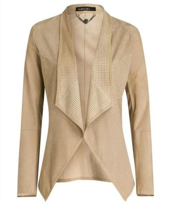 Marc Cain Beige Wildleder Open Front Jacket Perforated Cascade Blazer Women S...