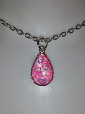 Handcrafted Pink Teardrop Resin Charm Pendant Necklace, Silver-Tone Cable Chain