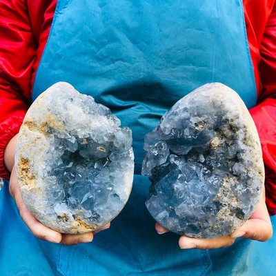 5.89LB 2PCS Natural Blue celestite Geode Quartz Crystal Mineral Specimen Healing