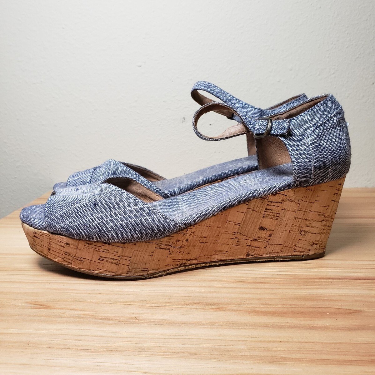 Toms Women's Blue Denim Cork Wrapped Wedge Heel Sandals Preppy