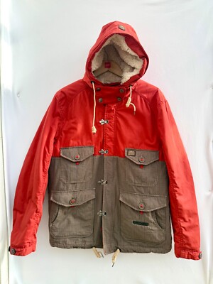 Duck & Cover Turner Hooded Utility Jacket Sherpa Lined Rust Brown Winter Large