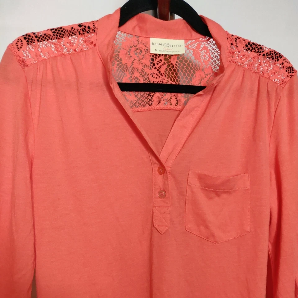 Maiô Bobbie Brooks feminino M cobertura laranja gola V mangas 3/4 bolso de renda - Imagem 3 de 4