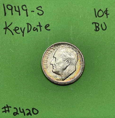 1949 S Roosevelt Dime 10c BU Uncirculated Mint State 90% Silver Amazing Toning!