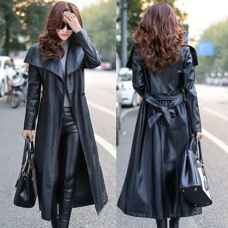 Black Leather Trench Coat Women's Genuine Lambskin Winter Long  Overcoat Jacket