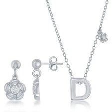 Sterling Silver Shiny "D" with Tiny CZ Flower Necklace and Earrings Set